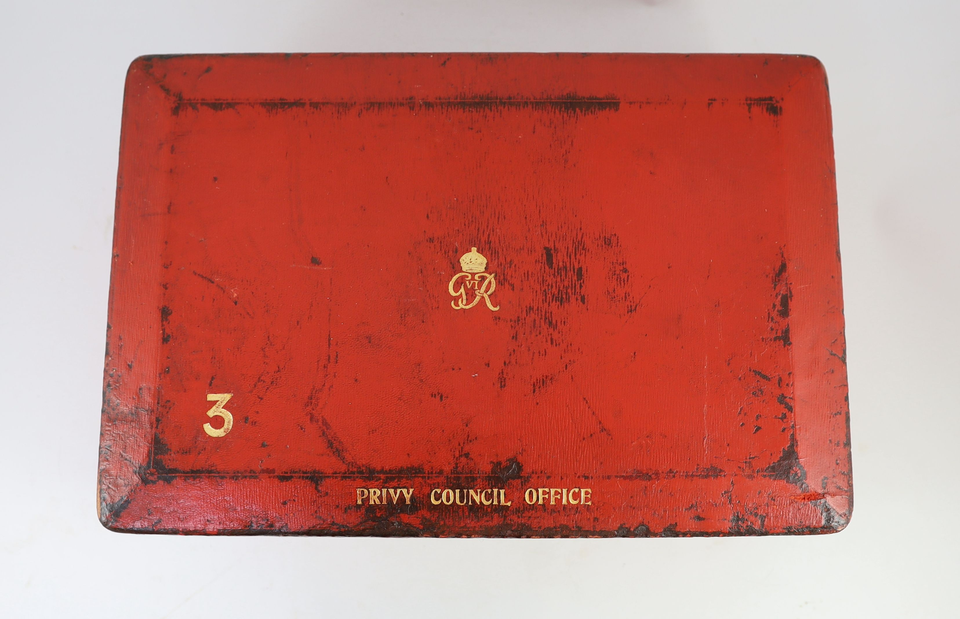 A George VI red morocco leather government despatch box, 46cm wide 31cm deep 15cm high